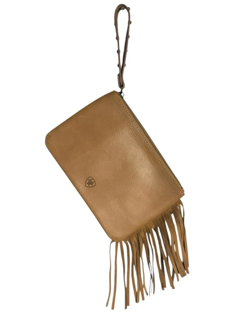 Ariat Tan Leather Fringe Wristlet Western Boho Studded Clutch Bag
